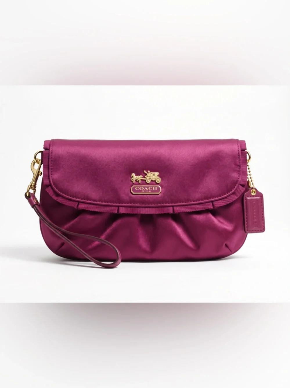 Coach Satin Magenta Wristlet Clutch | Gold Logo | Zip Pouch - Picture 1 of 13